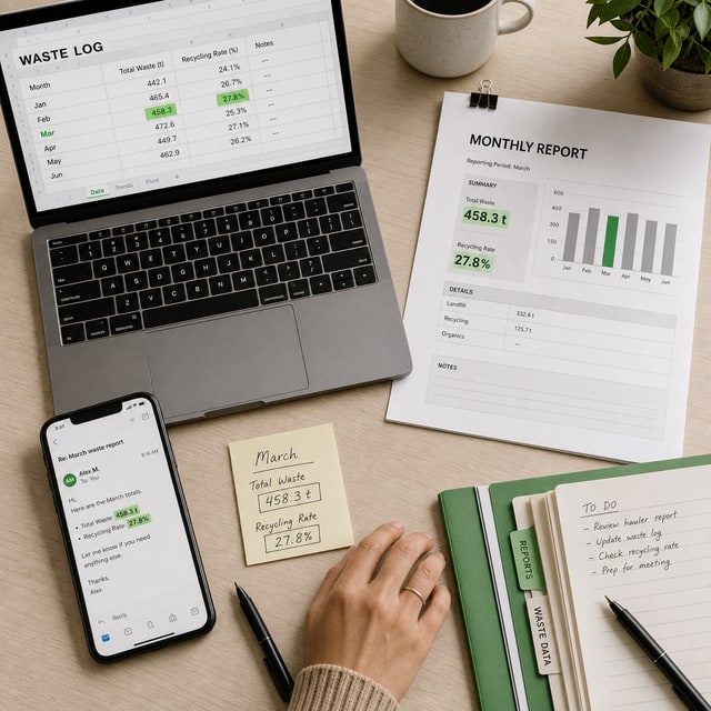 A laptop spreadsheet, a printed monthly report, a phone email and a sticky note on a desk, each showing the same waste figures separately.