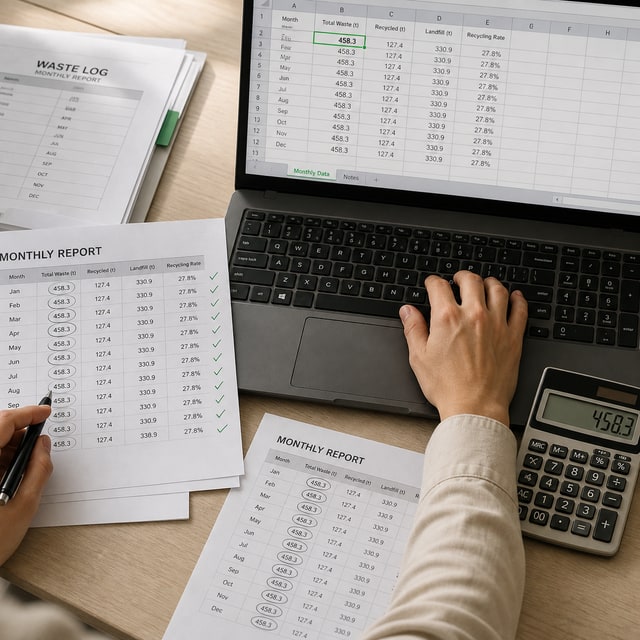 The same total-waste figure copied out by hand across a spreadsheet, a printed report and a calculator.