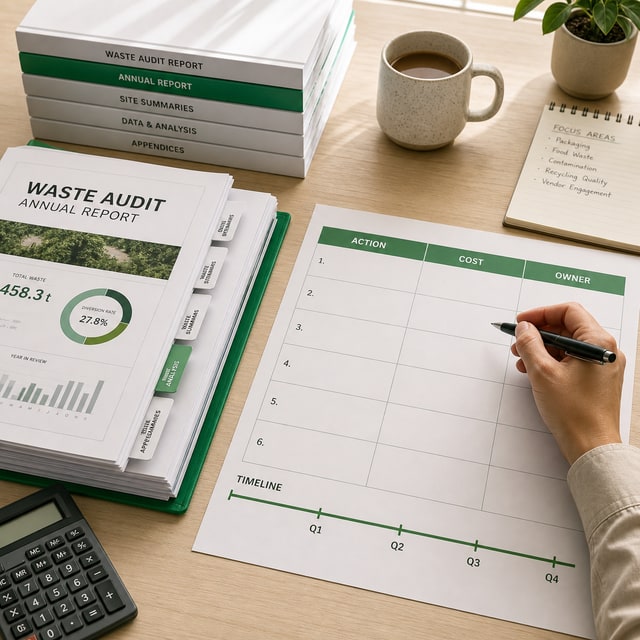 A finished annual waste audit report binder beside a blank action-plan sheet with empty cost, owner and timeline columns.